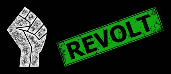Grunge Revolt Stamp και Network Fist Web Mesh με φωτεινές κηλίδες λάμψης — Διανυσματικό Αρχείο