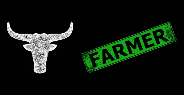 Текстурированная имитация марки фермера и вылупившаяся сетка для веб-головы коровы с яркими вспышками — стоковый вектор