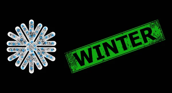 Texturerad vinterfrimärke och kläckt snöflinga Mesh med ljusa Nötter — Stock vektor