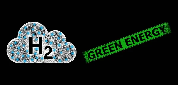 Sello de sello de energía verde texturizada y malla web de gas de hidrógeno neto con nodos de destello brillante — Archivo Imágenes Vectoriales