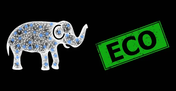 Selo de selo Eco Grunge e malha de rede de elefante com pontos de luz brilhantes — Vetor de Stock
