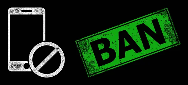 Grunge Ban Stamp and Network Tagadja Smartphone Web háló fényes vakító foltok — Stock Vector