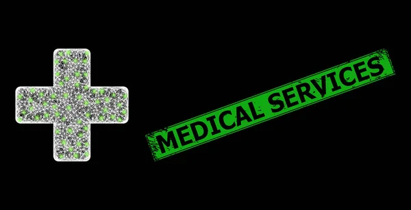 Rubber Medical Services Stamp Seal and Network Veterinary Cross Web Mesh with Bright Glare Spots — Stock Vector