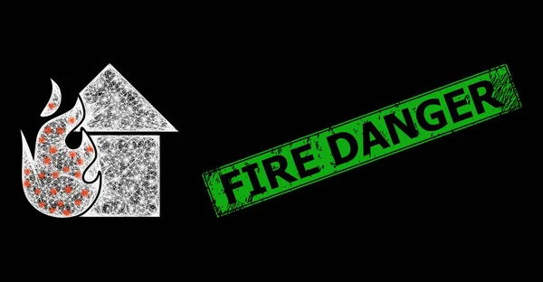 Distress Fire Danger Seal and Hatched Fired House Web Mesh with Bright Glitter Dots — Image vectorielle