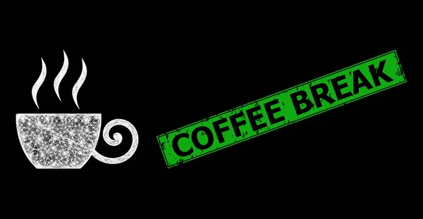 Rubber Coffee Break Imprint e Hatched Coffee Cup Web Mesh com nós flash brilhantes — Vetor de Stock