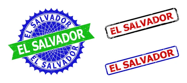 EL SALVADOR Rozeta i prostokąt Pieczęcie dwukolorowe z nieczystymi teksturami — Wektor stockowy
