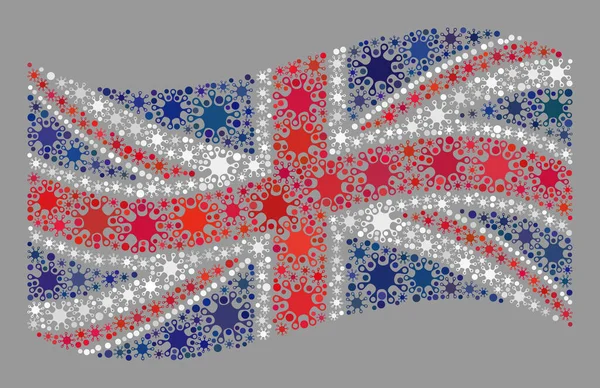 Covid United Kingdom Flag - Waving Mosaic with Covid-2019 Virus Objects — 스톡 벡터