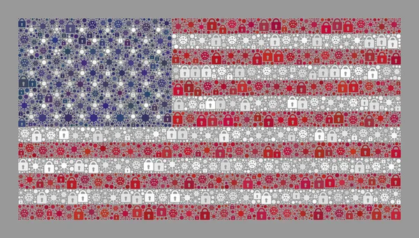 Σημαία ΗΠΑ κλειδώματος - Κολάζ με κλειδαριές και ιούς Covid — Διανυσματικό Αρχείο