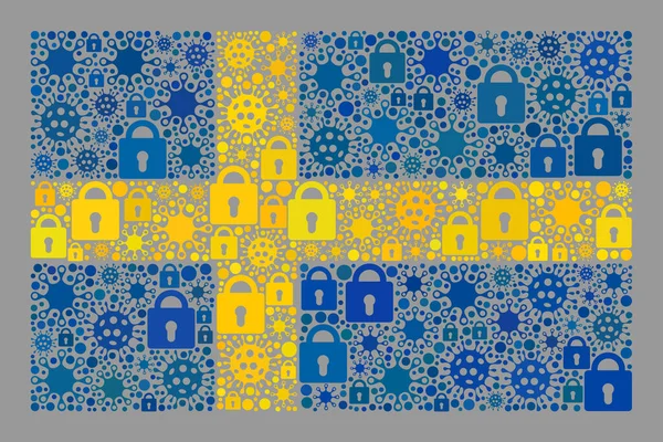 Lockdown Zweden vlag - Collage van Sloten en Virussen — Stockvector