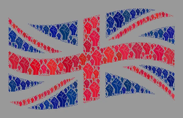 Krawallschwenkende Großbritannien-Flagge - Collage mit Faust-Elementen — Stockvektor