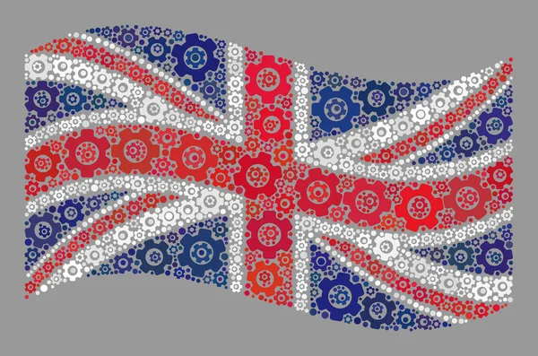 Waving Mechanic United Kingdom Flag - Collage mit Zahnrädern — Stockvektor