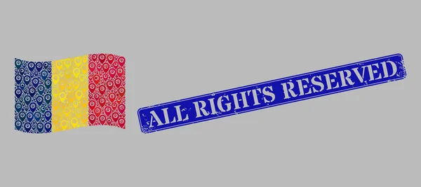 Scratched Tous droits réservés Insigne et pointeur brandissant le drapeau tchad Collage avec des pointeurs de carte — Image vectorielle