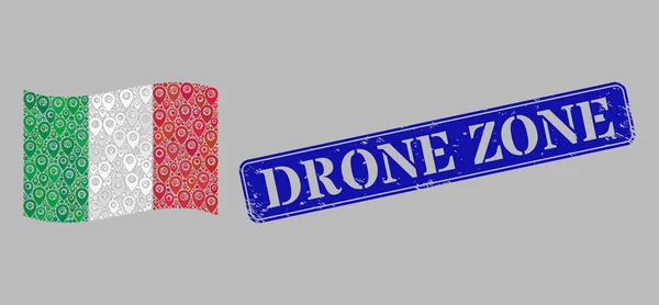 Sceau et navigation texturés de zone de drone agitant le drapeau italien - Mosaïque avec des marqueurs de carte — Image vectorielle