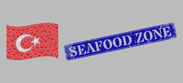 (Inggris) Scratched Seafood Zone Seal and Targeting Waving Turkey Flag - Mosaic of Pin Icons - Stok Vektor