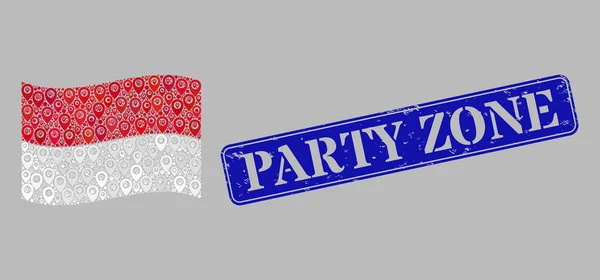 Distress Party Zone Stamp Seal and Guide Waving Indonesia Flag - Collage with Route Marks — стоковий вектор