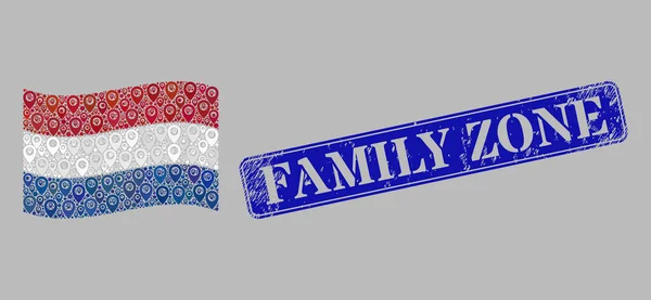 Grunge Family Zone Stempel und Guide schwenken niederländische Flagge - Collage mit Cursor Items — Stockvektor