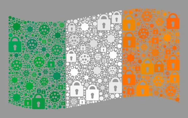 Lockdown Waving Ireland Flag - Collage of Lock Icons e Coronavirus — Vettoriale Stock