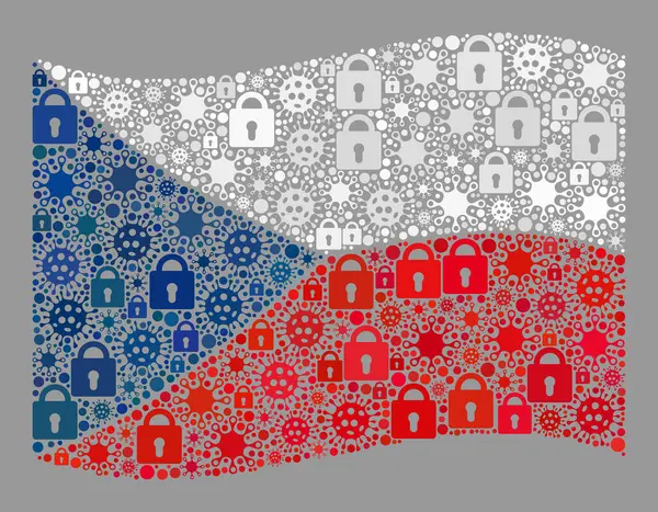Lockdown Waving Czech Flag - Collage with Locks and Covid Viruses (dalam bahasa Inggris). - Stok Vektor