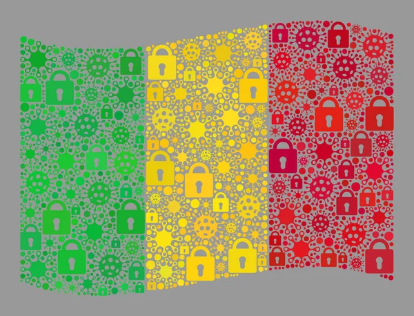 Lockdown acenando com bandeira do Mali - Colagem com ícones de bloqueio e vírus Covid — Vetor de Stock