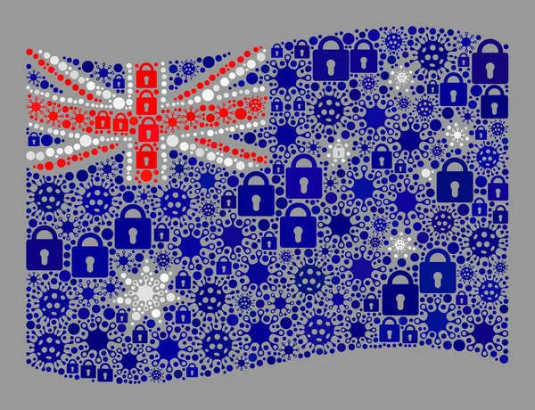 Lockdown Waving Australia Flag - Collage of Lock Icons and Coronaviruses — Stock Vector