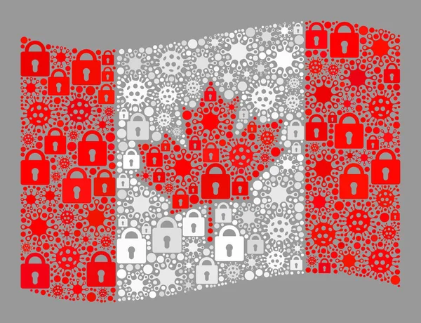 Verrouillage agitant le drapeau du Canada - Mosaïque avec icônes de verrouillage et virus covidés — Image vectorielle