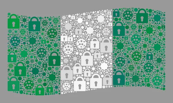 Lockdown acenando bandeira Nigéria - Mosaico de ícones de bloqueio e vírus — Vetor de Stock