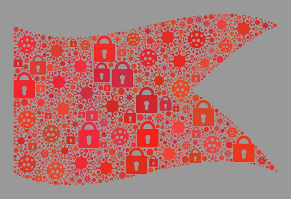 Lockdown acenando bandeira de orientação vermelha - Mosaico com ícones de bloqueio e vírus — Vetor de Stock