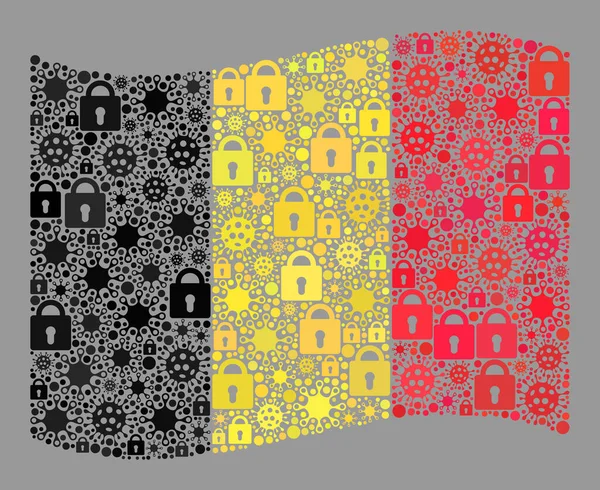 Lockdown acenando bandeira da Bélgica - Colagem de ícones de bloqueio e Coronavírus — Vetor de Stock