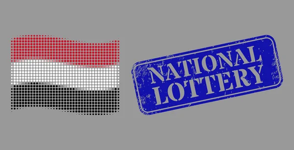 Textured National Lottery Stamp and Pixel Halftone Waving Yemen Flag Image — стоковий вектор