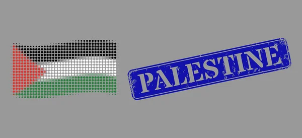 Texturizado Palestina selo e ponto meio-tom acenando Palestina Bandeira Imagem — Vetor de Stock