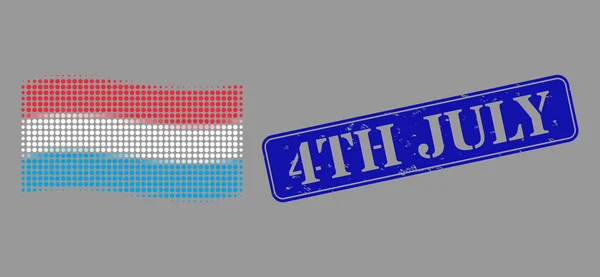 Détresse 4 juillet Sceau et demi-ton pointillé agitant le drapeau luxembourgeois Image — Image vectorielle