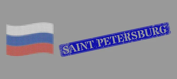 Scratched Saint Petersburg Stamp and Dotted Halftone Waving Russia Flag Image — Stock Vector