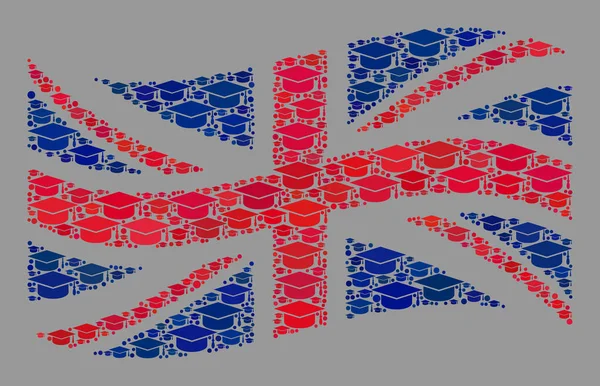 Graduación ondeando la bandera de Gran Bretaña - Collage of Graduation Cap Objects — Vector de stock