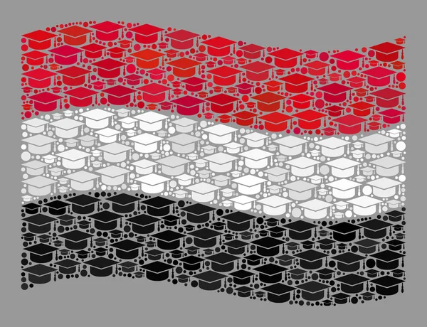 Graduation agitant le drapeau du Yémen - Mosaïque avec des icônes de chapeau de graduation — Image vectorielle