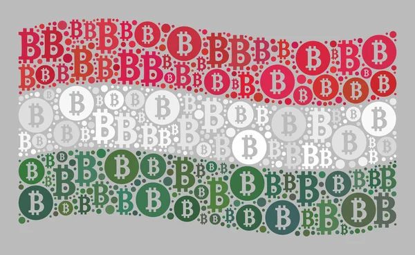 Bitcoin schwenkt Ungarn-Flagge - Mosaik mit Ikonen der Bitcoin-Währung — Stockvektor