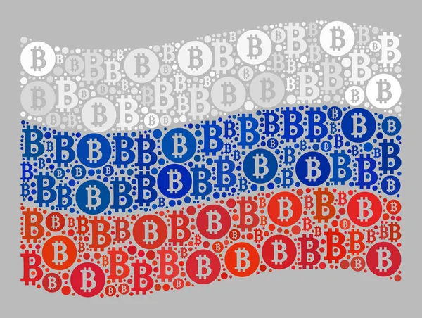 Bitcoin Waving Russia Flag -ビットコイン通貨記号のコラージュ — ストックベクタ
