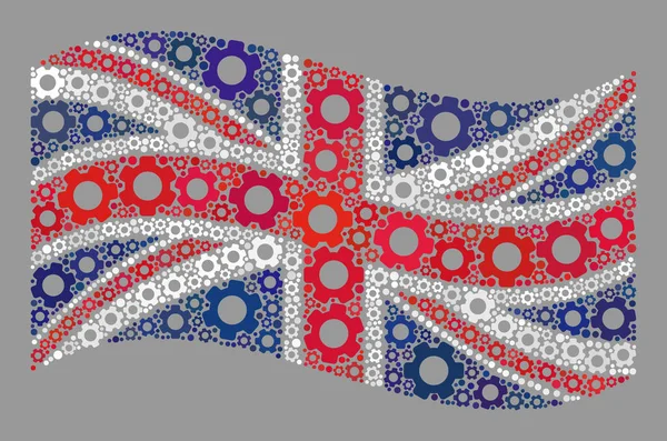Κυματιστή μηχανική Σημαία Ηνωμένου Βασιλείου - Κολάζ με Cog Icons — Διανυσματικό Αρχείο