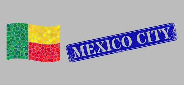 Acenando Bandeira do Benim Mosaico do Círculo Pixels e angústia Cidade do México Watermark — Vetor de Stock
