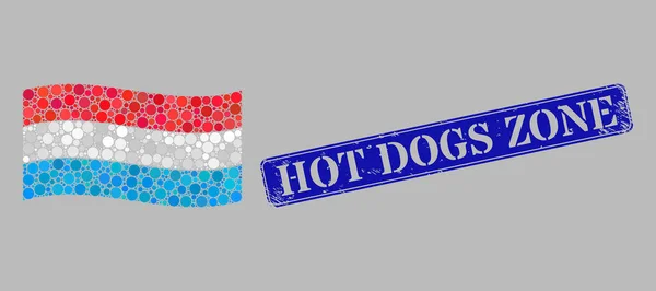 Drapeau luxembourgeois ondulé Mosaïque de points de cercle et Hot Dogs rayés Zone Timbre — Image vectorielle