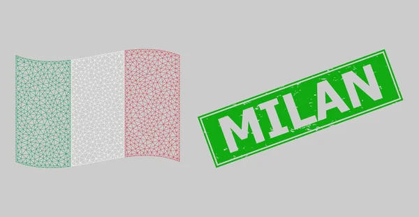 Scratched Milan Stamp and Polygonal Mesh Waving Italy Flag — стоковий вектор