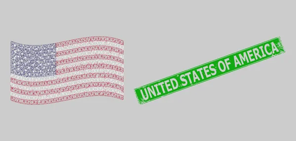 Distress Verenigde Staten van Amerika Stempel Seal en Triangulated Mesh Waving USA Flag — Stockvector