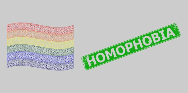 Homofobia de angústia Carimbo e malha de carcaça acenando bandeira LGBT —  Vetores de Stock