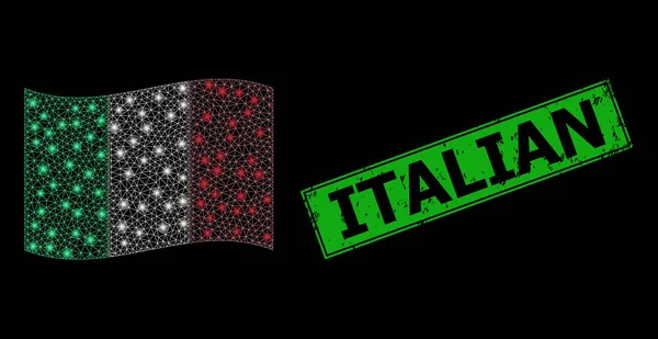 Insigne italien de détresse et réseau polygonal lumineux agitant le drapeau italien avec des taches lumineuses — Image vectorielle