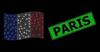 Kederli Paris Mühür Mührü ve Parlak Web Ağı Açık Noktalı Fransa Bayrağı Dalgalanıyor