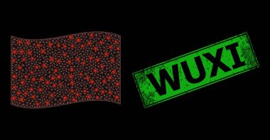 Grunge Wuxi Mühür ve Parlak Web Ağı Kızıl Bayrak Dalgalanıyor