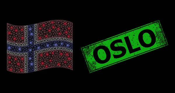 Δυσλειτουργία Oslo Watermark και Bright Web Mesh κυματίζει σημαία Νορβηγίας με φωτεινά στίγματα — Διανυσματικό Αρχείο