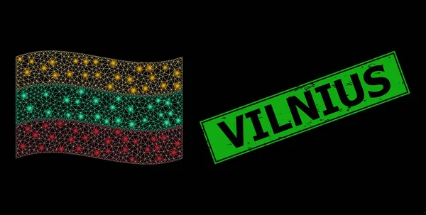 Distress Vilnius Watermark and Bright Polygonal Network Waving Lithuania Flag with Light Spots — Wektor stockowy