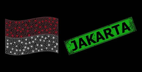 Grunge Jakarta Seal e Bright Web Network sventolano la bandiera indonesiana con punti luce — Vettoriale Stock