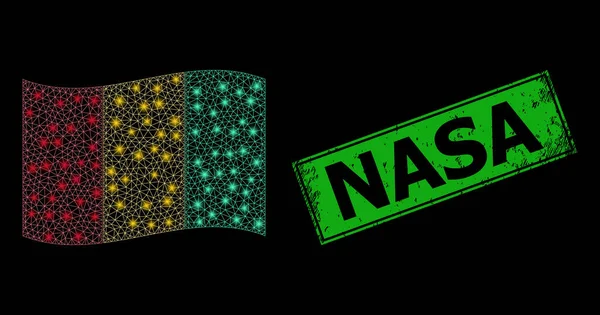 Reptålig NASA Badge och Bright Web Net Viftande Guinea flagga med bländande fläckar — Stock vektor