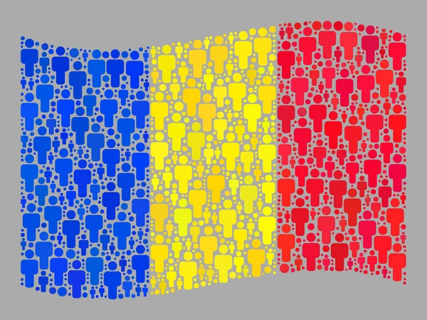 Drapeau de la Roumanie agitant la foule Collage avec des icônes hommes — Image vectorielle